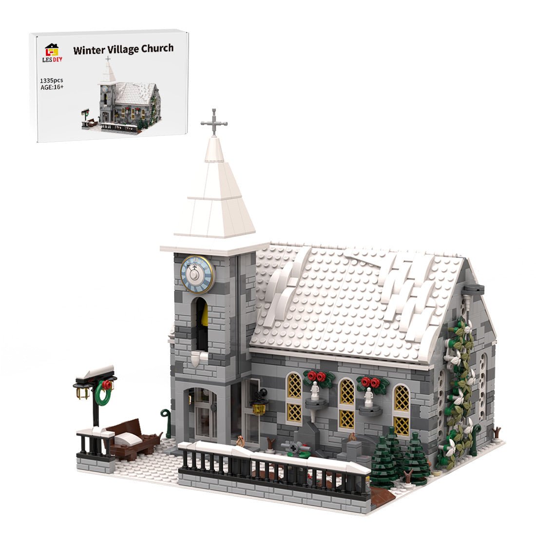Set MOC Winter Village Church – 2208 Pièces, Architecture église Avec Clocher