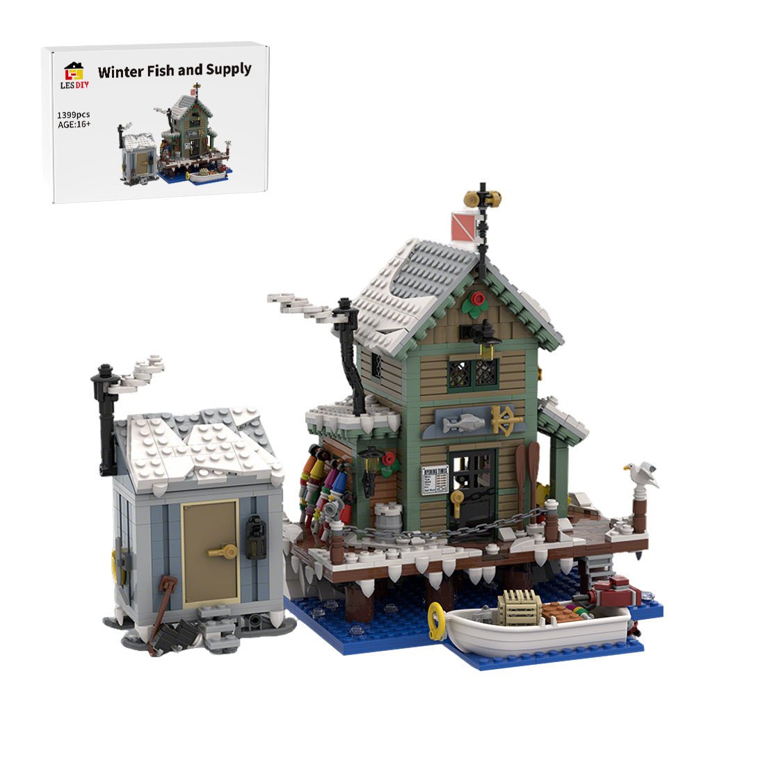 Winter Fish and Supply Building Blocks Set,Holiday Ice Fishing Shack with Boat, Animals, and Light Bricks Klemmbausteine - LesDiy - Klemmbausteine