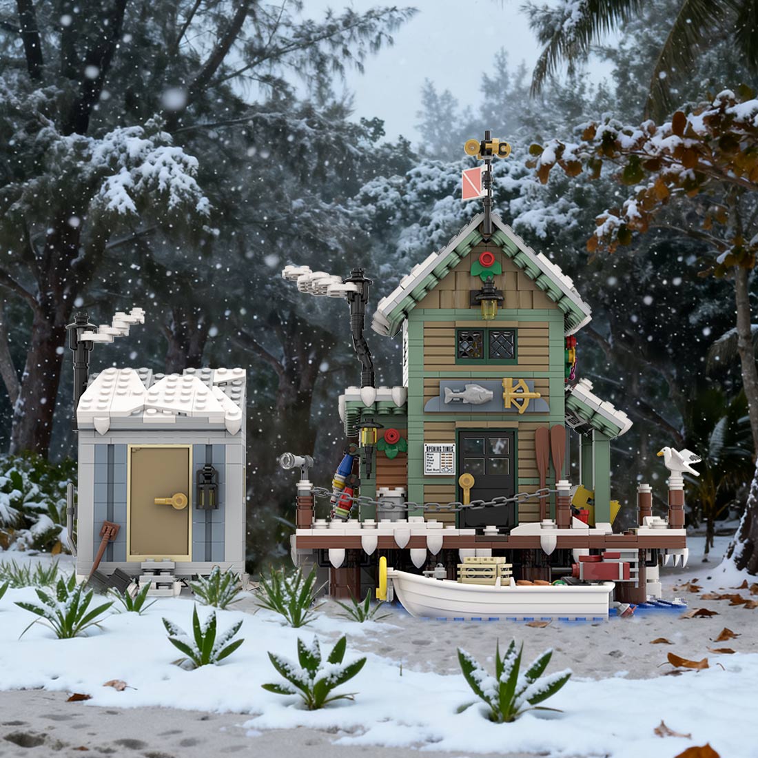 Winter Fish and Supply Building Blocks Set,Holiday Ice Fishing Shack with Boat, Animals, and Light Bricks Klemmbausteine - LesDiy - Klemmbausteine